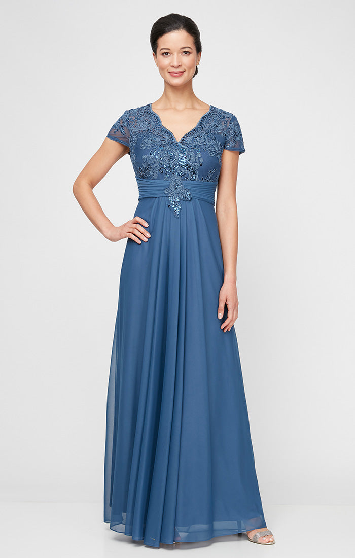 Alex Evenings Petite Sequin Embroidered-Lace Gown - Vintage Blue Alex Evenings Petite Sequin Embroidered-Lace Gown - Vintage Blue