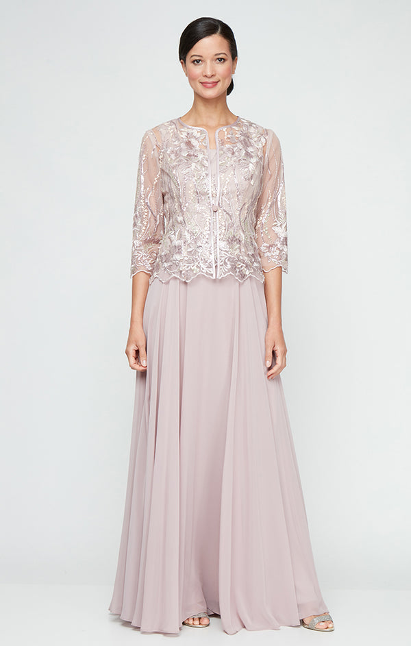 Blush Square Neckline Long Embroidered Sequin Dress with Full Chiffon Skirt Petite Formal Gown Alex Evenings 82171725