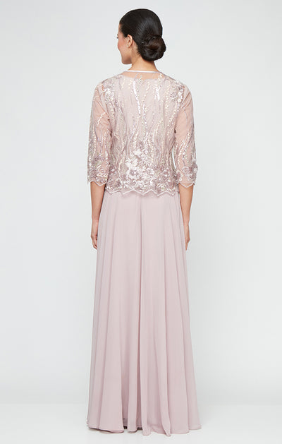 Blush Square Neckline Long Embroidered Sequin Dress with Full Chiffon Skirt Petite Formal Gown Alex Evenings 82171725