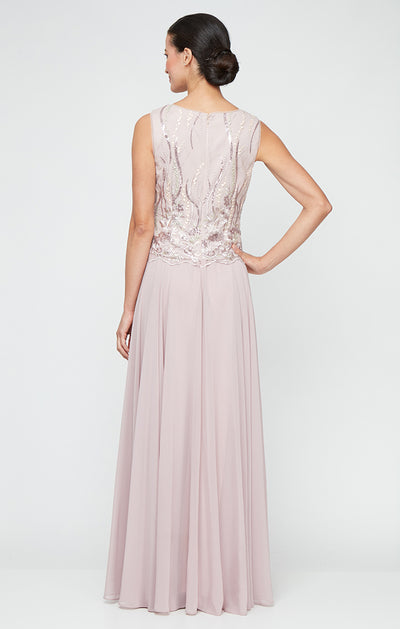 Blush Square Neckline Long Embroidered Sequin Dress with Full Chiffon Skirt Petite Formal Gown Alex Evenings 82171725