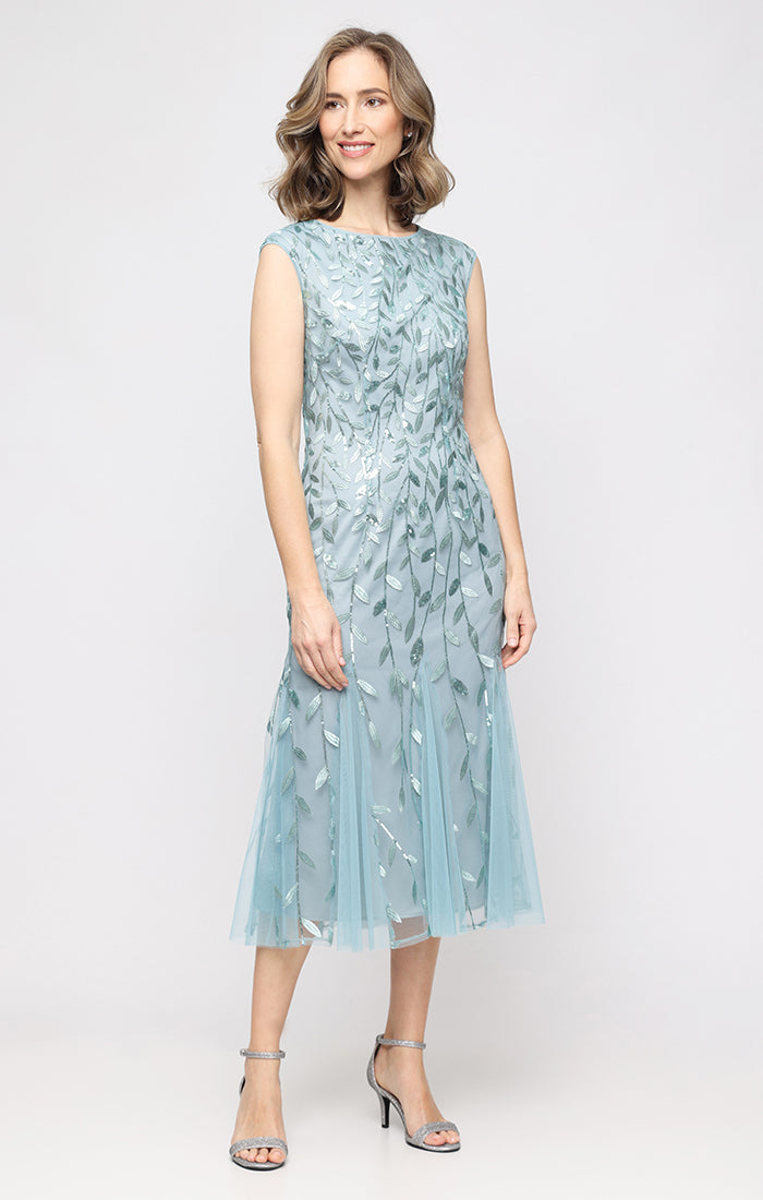 Boat-Neck Tea-Length Embroidered Mesh Cocktail Dress with Godet Skirt Petite Alex Evenings 82171782 Boat-Neck Tea-Length Embroidered Mesh Cocktail Dress with Godet Skirt Petite Alex Evenings 82171782
