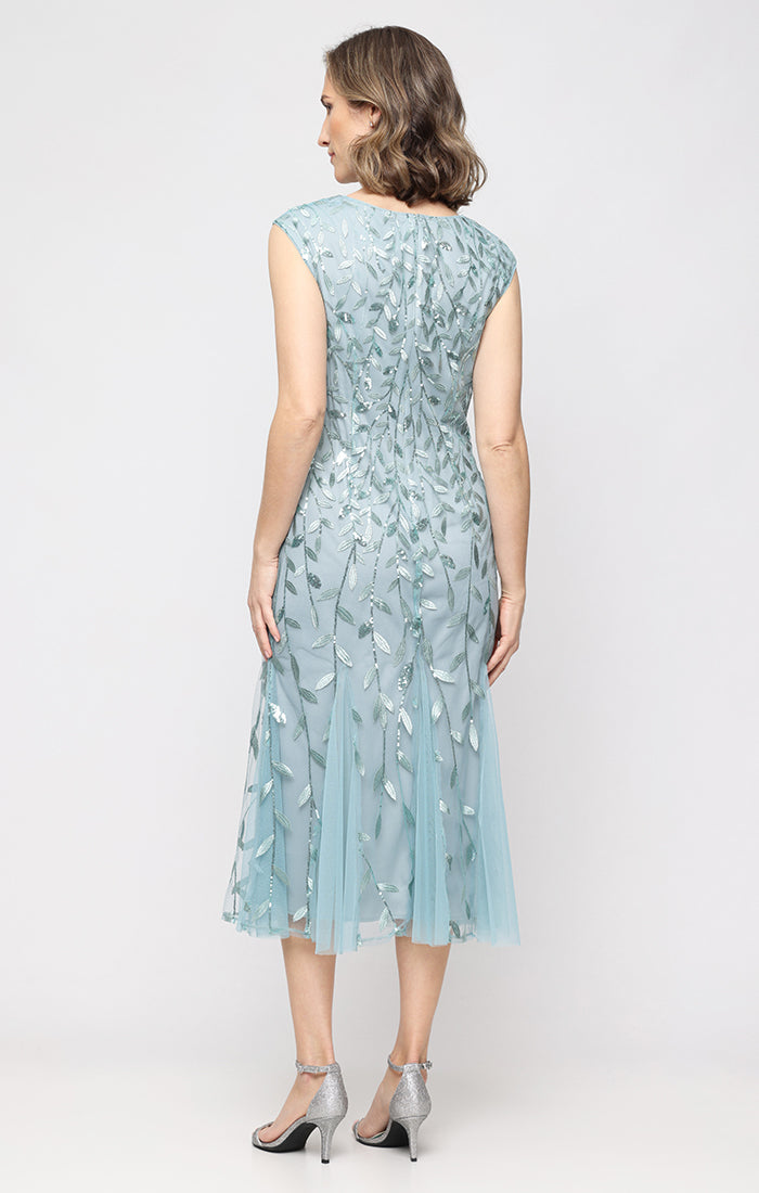Ice Sage Boat-Neck Tea-Length Embroidered Mesh Cocktail Dress with Godet Skirt Petite Alex Evenings 82171782