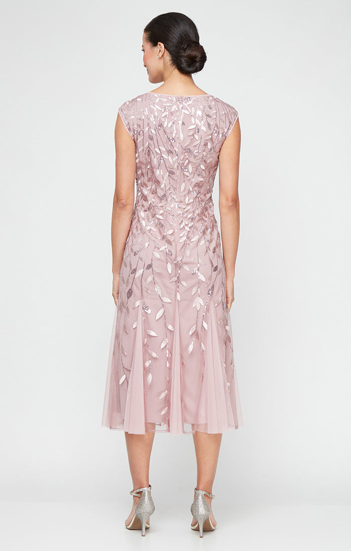 Rose Boat-Neck Tea-Length Embroidered Mesh Cocktail Dress with Godet Skirt Petite Alex Evenings 82171782