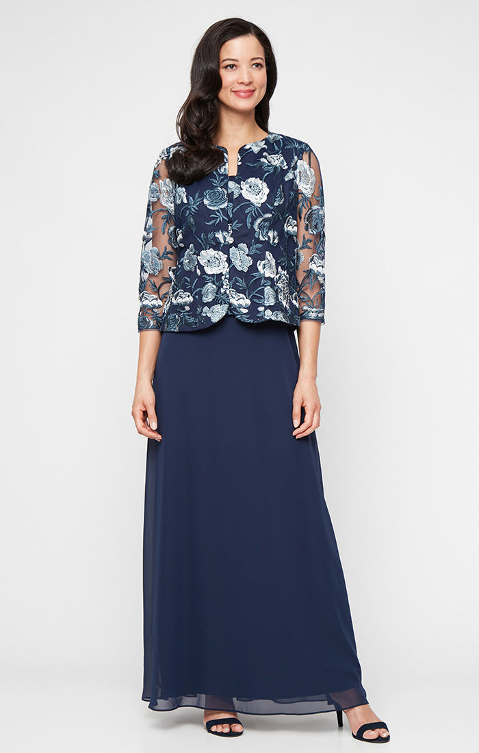 Alex Evenings Petite Stretch Tulle Jacket Dress - Navy Multi Alex Evenings Petite Stretch Tulle Jacket Dress - Navy Multi