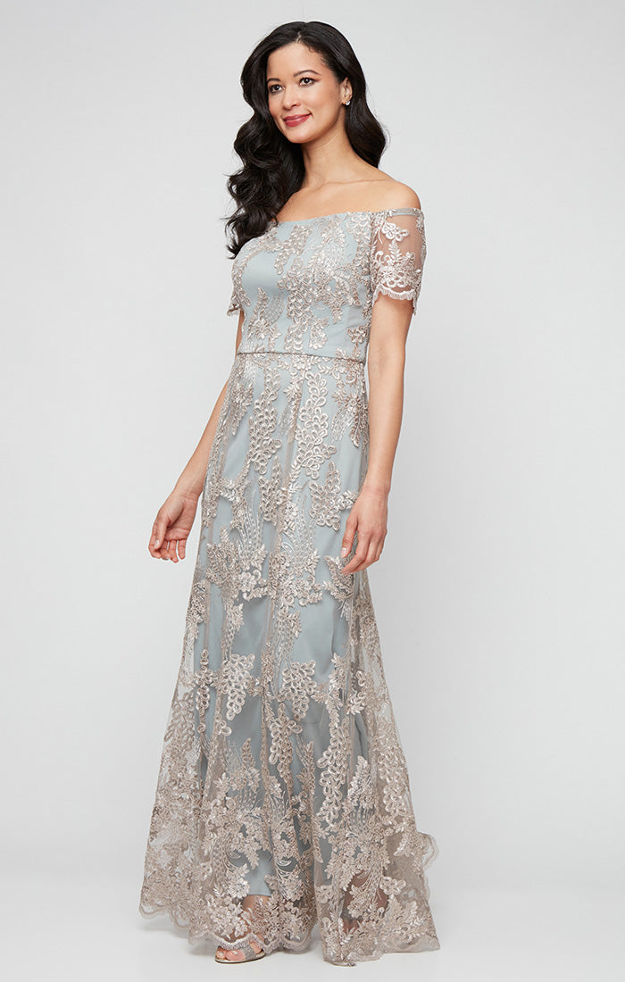 Alex Evenings Women's Embroidered Off The Shoulder Tulle Mermaid Gown - Gray - Gowns Alex Evenings Women's Embroidered Off The Shoulder Tulle Mermaid Gown - Gray - Gowns