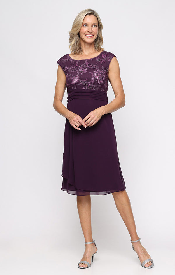 Plum Scoop Neckline Short A-Line Dress with Embroidered Empire Bodice and Chiffon Skirt Alex Evenings 81171898
