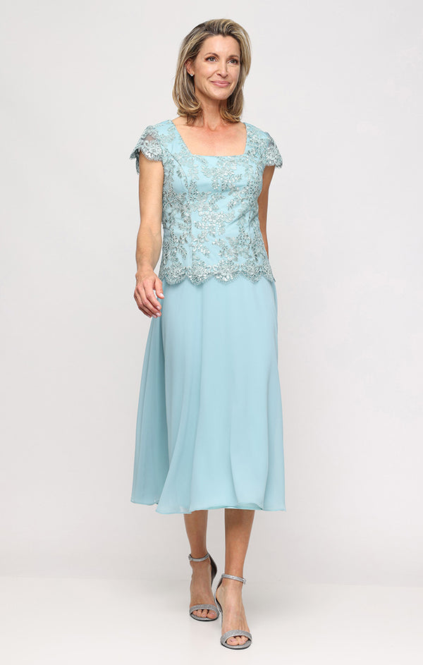 Sea Square Neckline Petite Midi Embroidered Tulle Mock Dress with Chiffon Skirt Alex Evenings 82171934