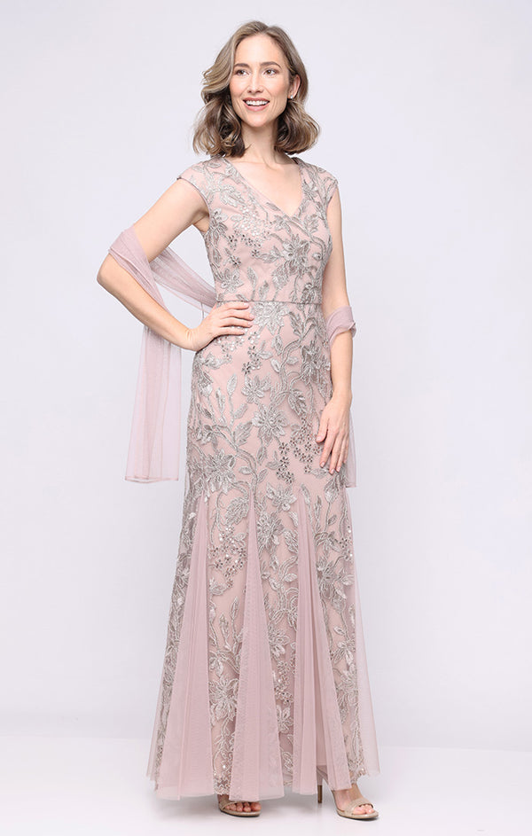 Taupe V-Neck Floor-Length Tulle Evening Gown with Beaded Embellishments Alex Evenings 82171936