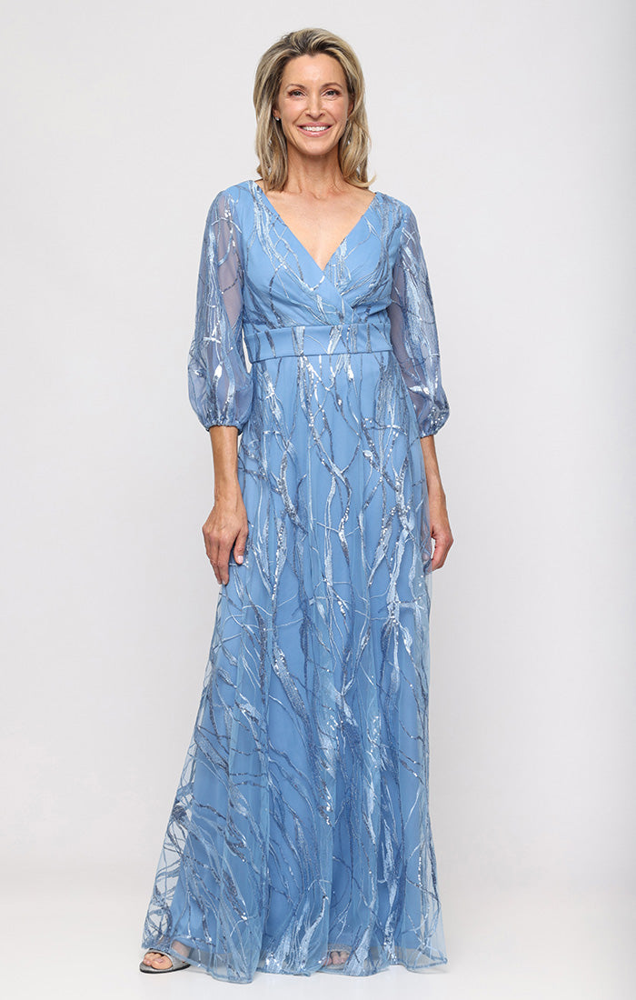 Sky Blue V-Neck Floor-Length Embroidered Tulle Formal Dress with Sheer Sleeves Plus Size Alex Evenings 84171946
