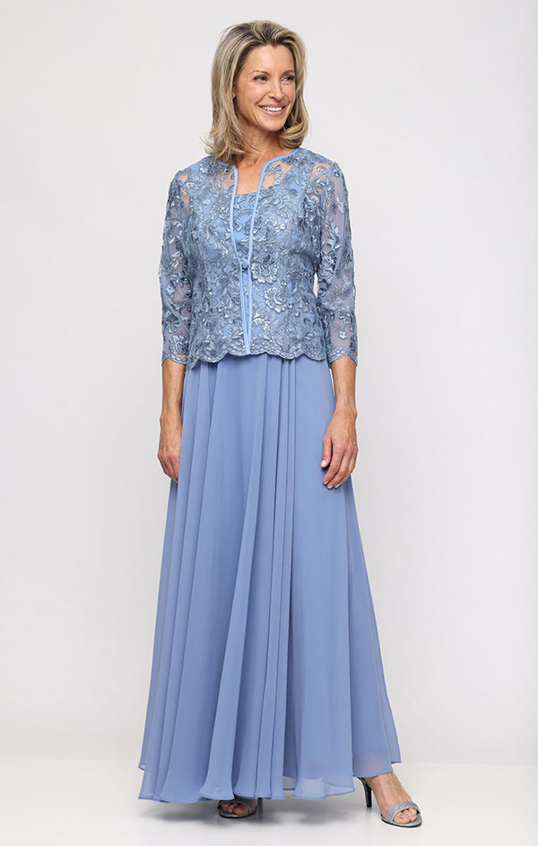 Dusty Blue Scoop Neckline Long Embroidered Tulle Mock Jacket Dress with Button Front Closure and Full Chiffon Skirt Alex Evenings 81171957