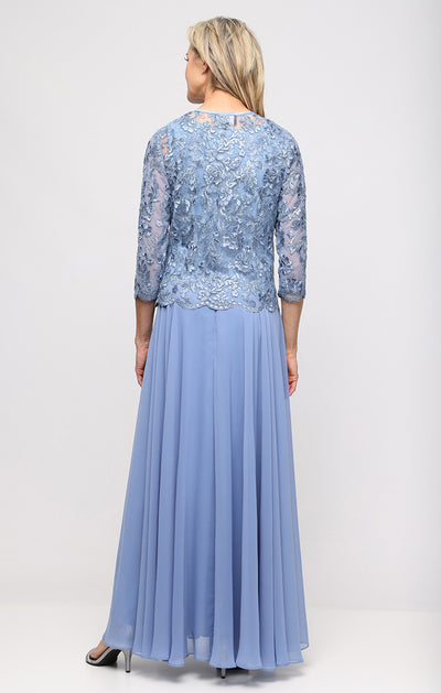 Dusty Blue Scoop Neckline Long Embroidered Tulle Mock Jacket Dress with Button Front Closure and Full Chiffon Skirt Alex Evenings 81171957