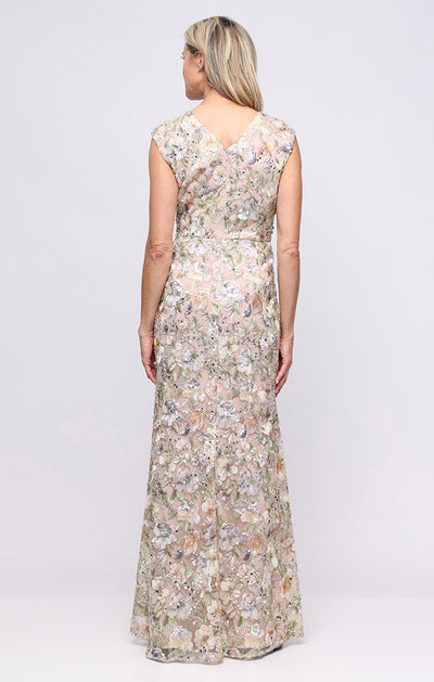 Taupe Multi V-Neck Floor-Length Chiffon Dress with Embroidered Waist and Scalloped Hem Alex Evenings 81171970