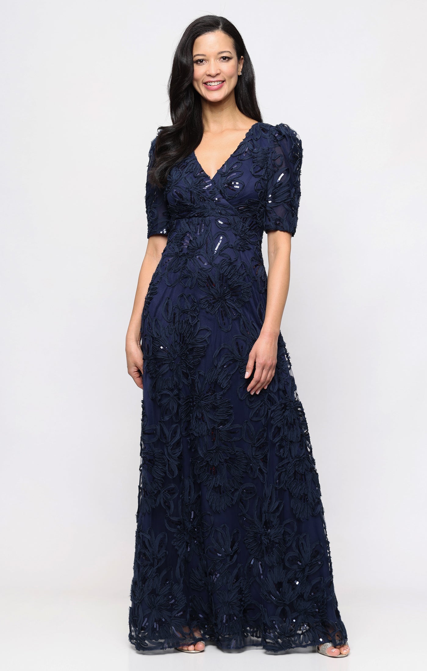 V-Neck Mesh Floral A-Line Formal Gown