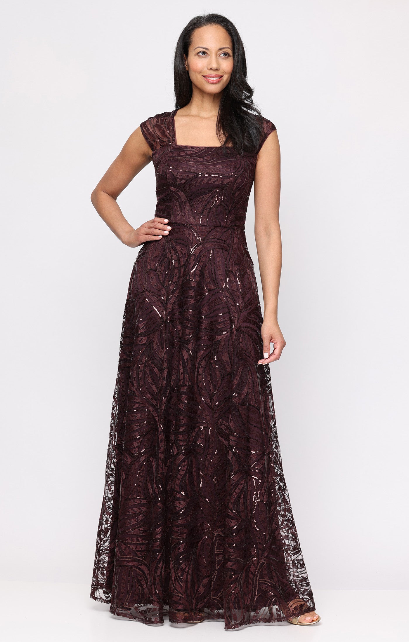 Alex Evenings 82171987 Square Floor-Length Sequin Evening A-Line