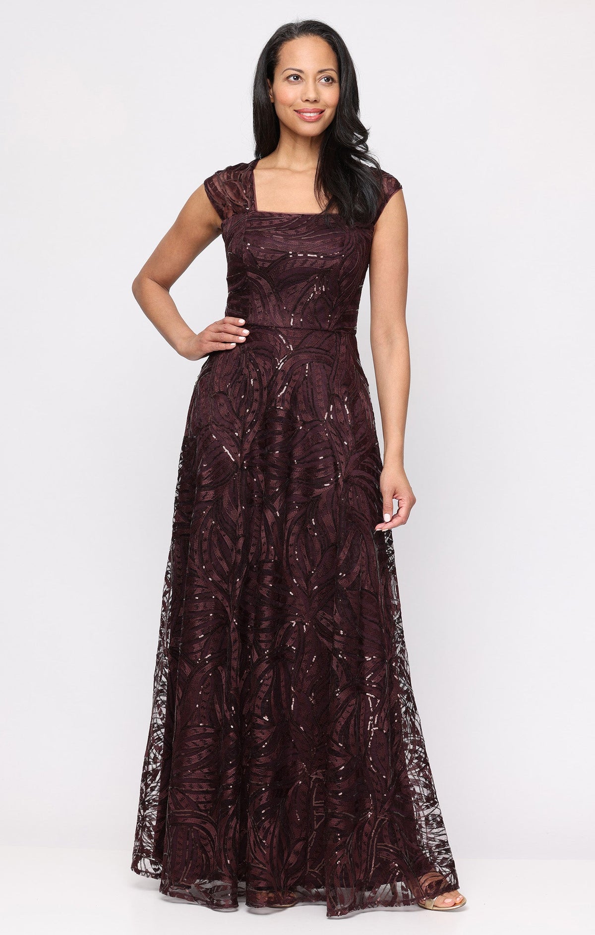 Alex Evenings 82171987 Square Floor-Length Sequin Evening A-Line