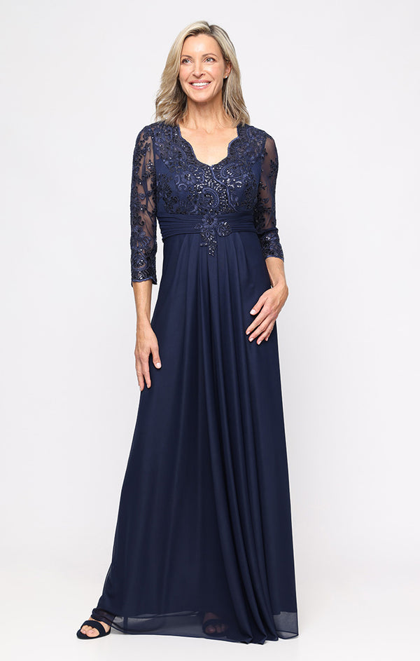 Navy V-Neck Floor-Length Chiffon Formal Dress Lace Alex Evenings 82171993