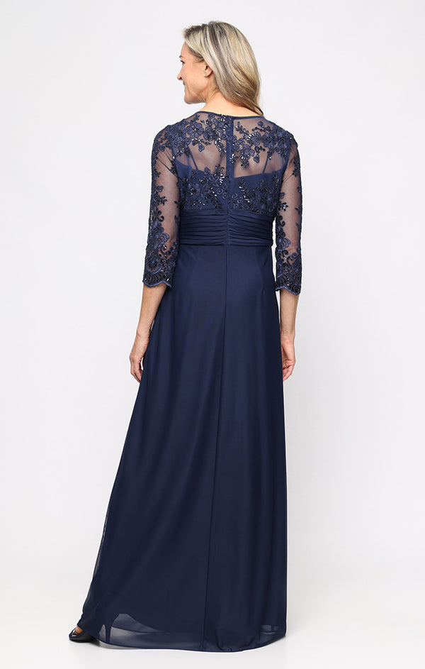 Navy V-Neck Floor-Length Chiffon Formal Dress Lace Alex Evenings 82171993