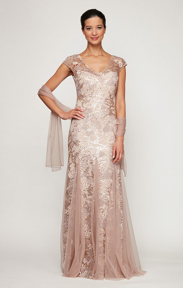 Formal Dresses Long Formal Sequin Lace Evening Dress Rose Gold