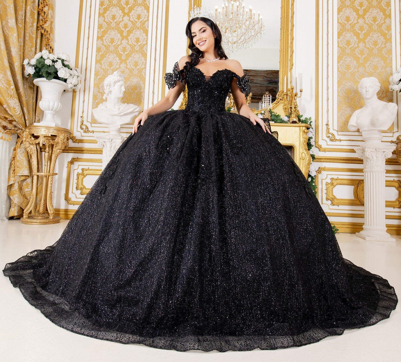 Quinceniera Dresses Long Quinceanera Beaded Applique Ball Gown Black