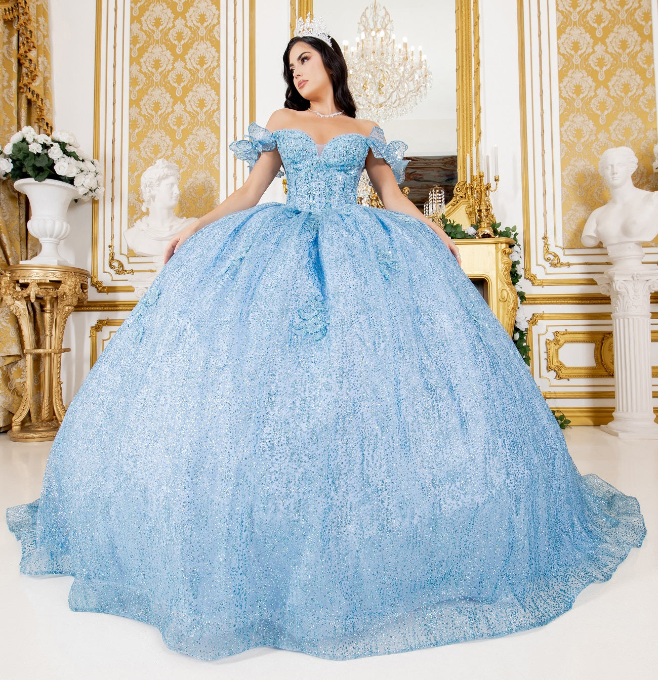 Off Shoulder Lace Beaded Applique Quinceañera Ball Gown for Women 4/XS-16/3X 6/S / Blue
