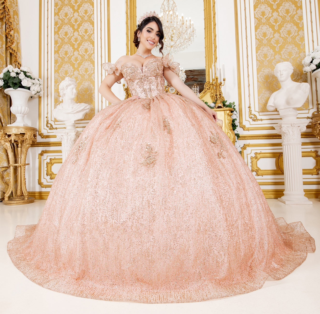 Quinceniera Dresses Long Quinceanera Beaded Applique Ball Gown Rose Gold