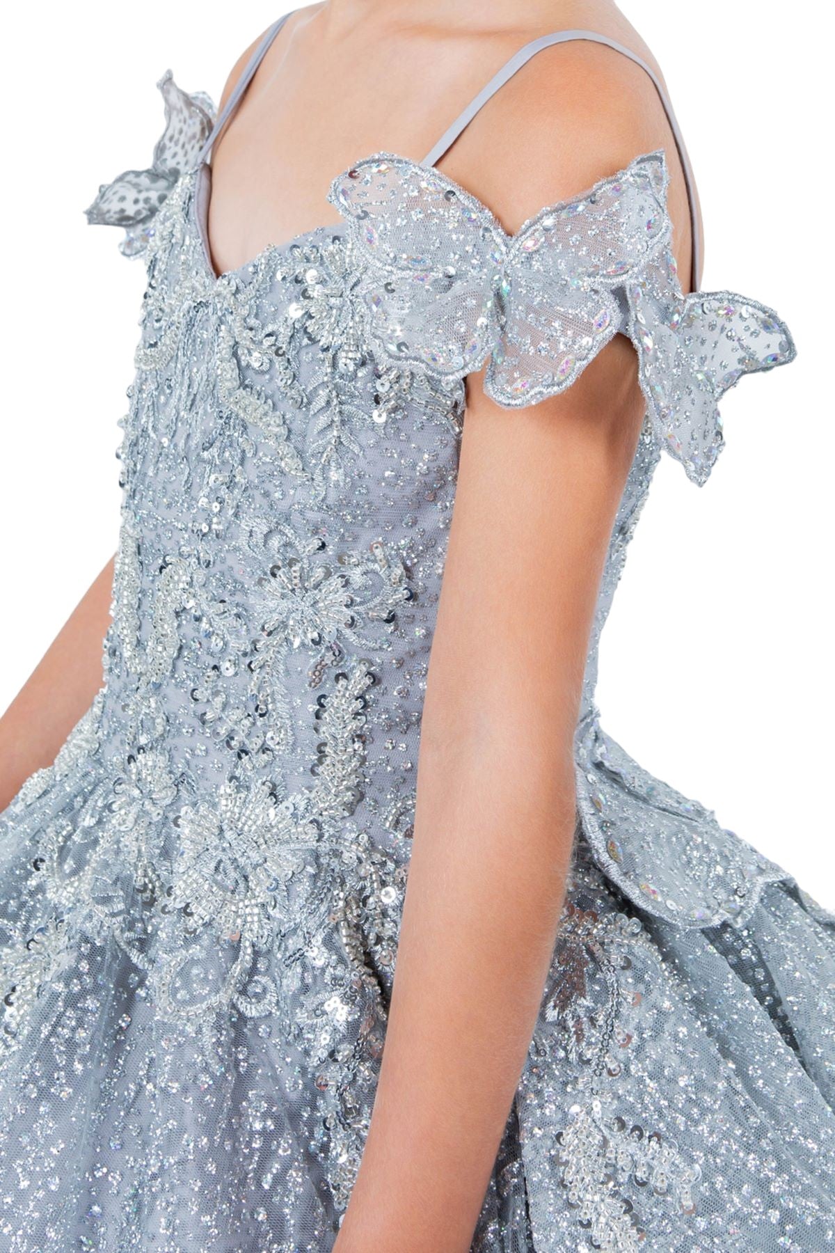 Flower Girl Dresses Glitter 3D Applique Flower Girl Dress Silver