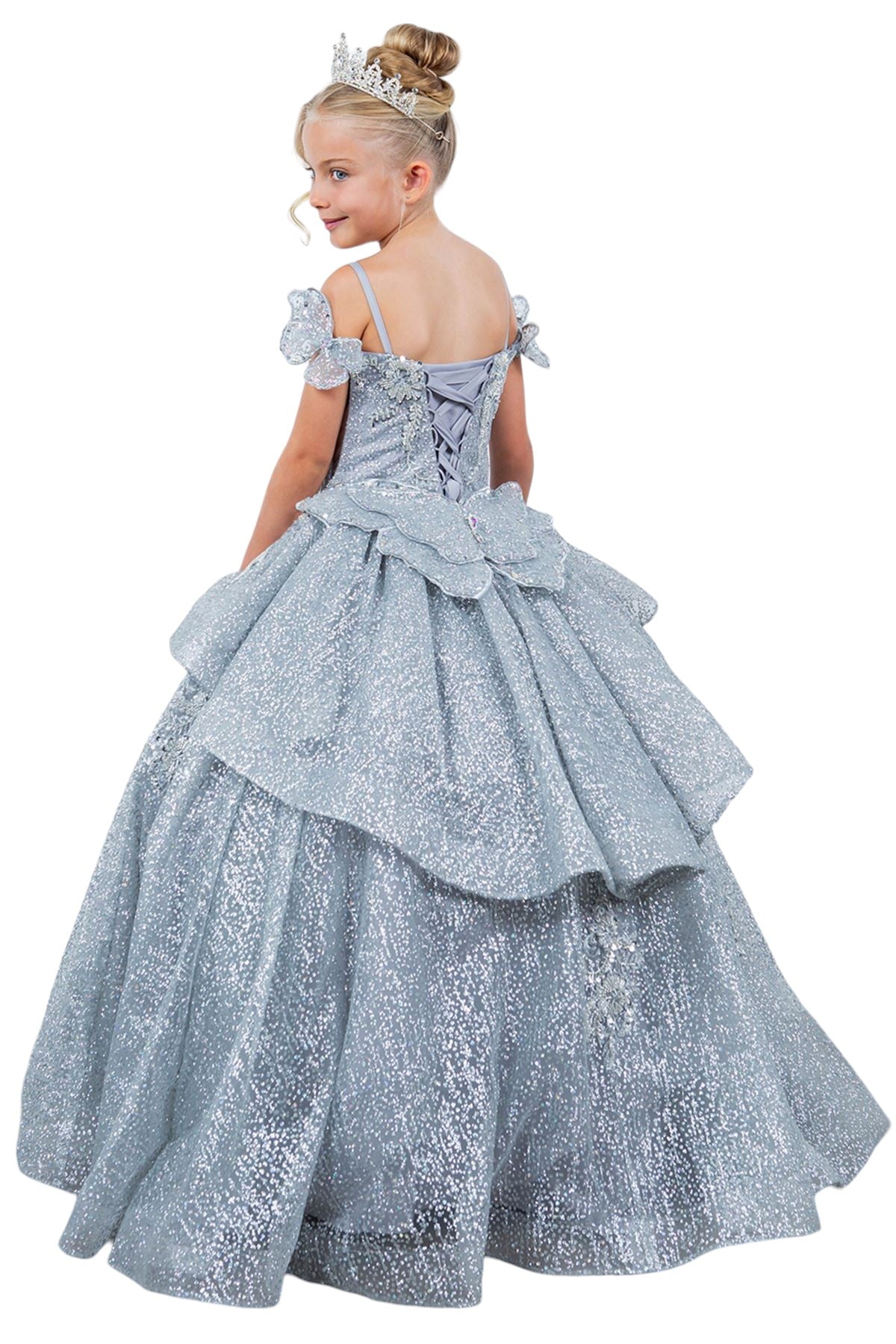 Flower Girl Dresses Glitter 3D Applique Flower Girl Dress Silver