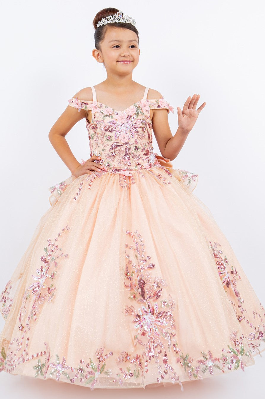 Girls 3D Floral Cold Shoulder Gown by Cinderella Couture 8125 6 / Blush Girls 3D Floral Cold Shoulder Gown by Cinderella Couture 8125 6 / Blush