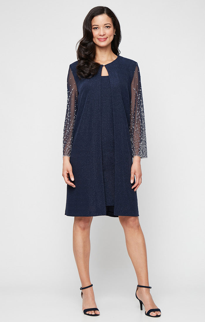 Mother of the Bride Dresses Short Mother of the Bride Metallic Jacket Dress Dark Navy