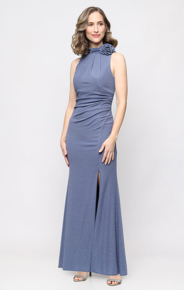 Wedge Wood High-Neck Floor-Length Metallic Formal Dress Slit Alex Evenings 8227888