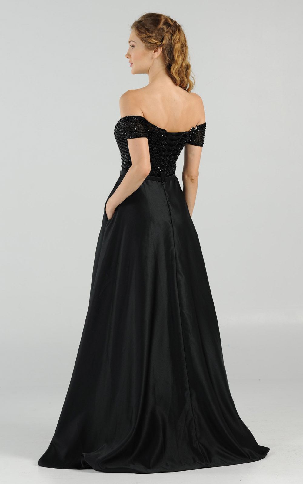 Black Off-the-Shoulder Floor-Length Satin Prom A-Line Gown with Beaded Bodice Poly USA 8132