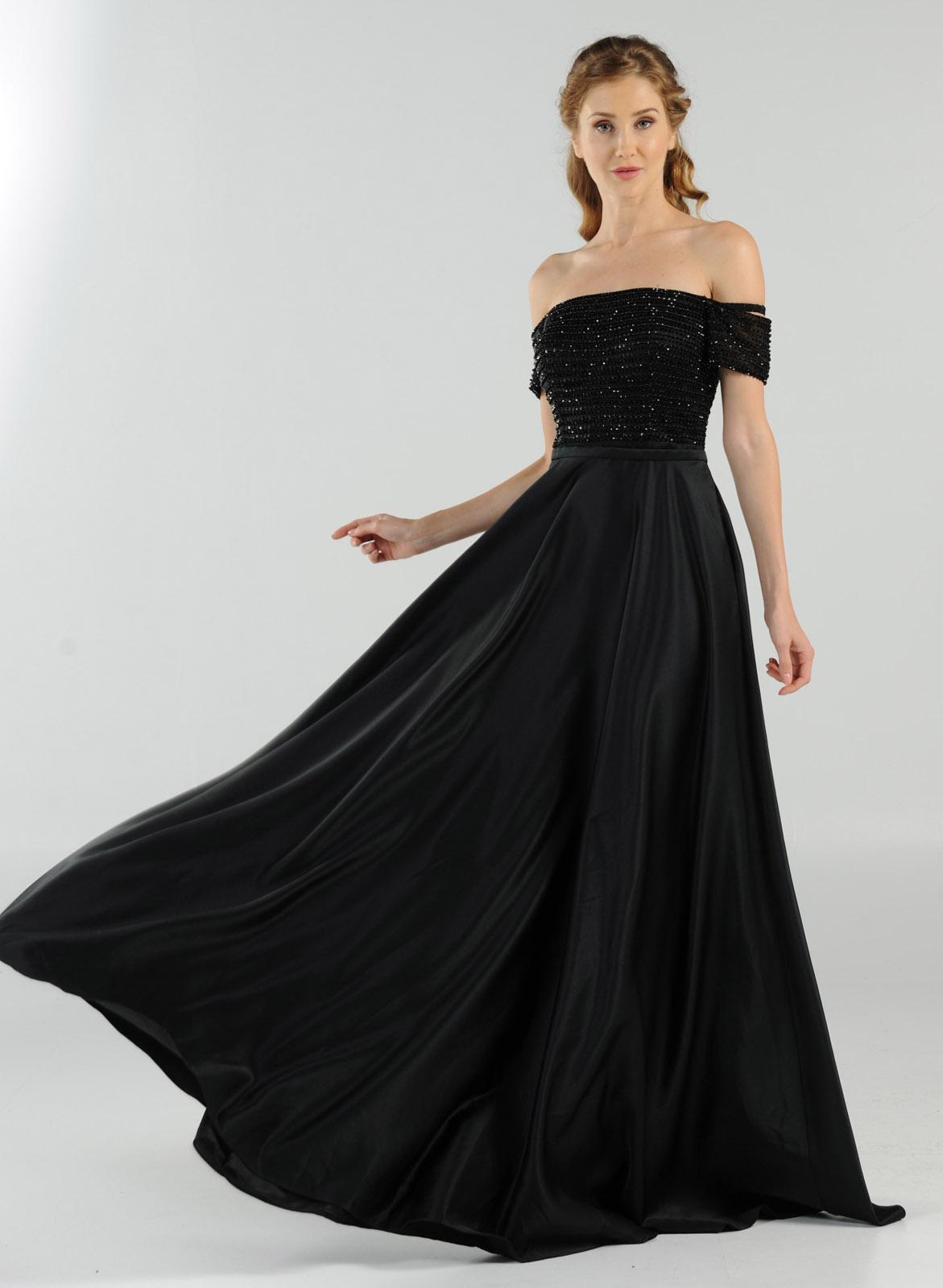 Black Off-the-Shoulder Floor-Length Satin Prom A-Line Gown with Beaded Bodice Poly USA 8132