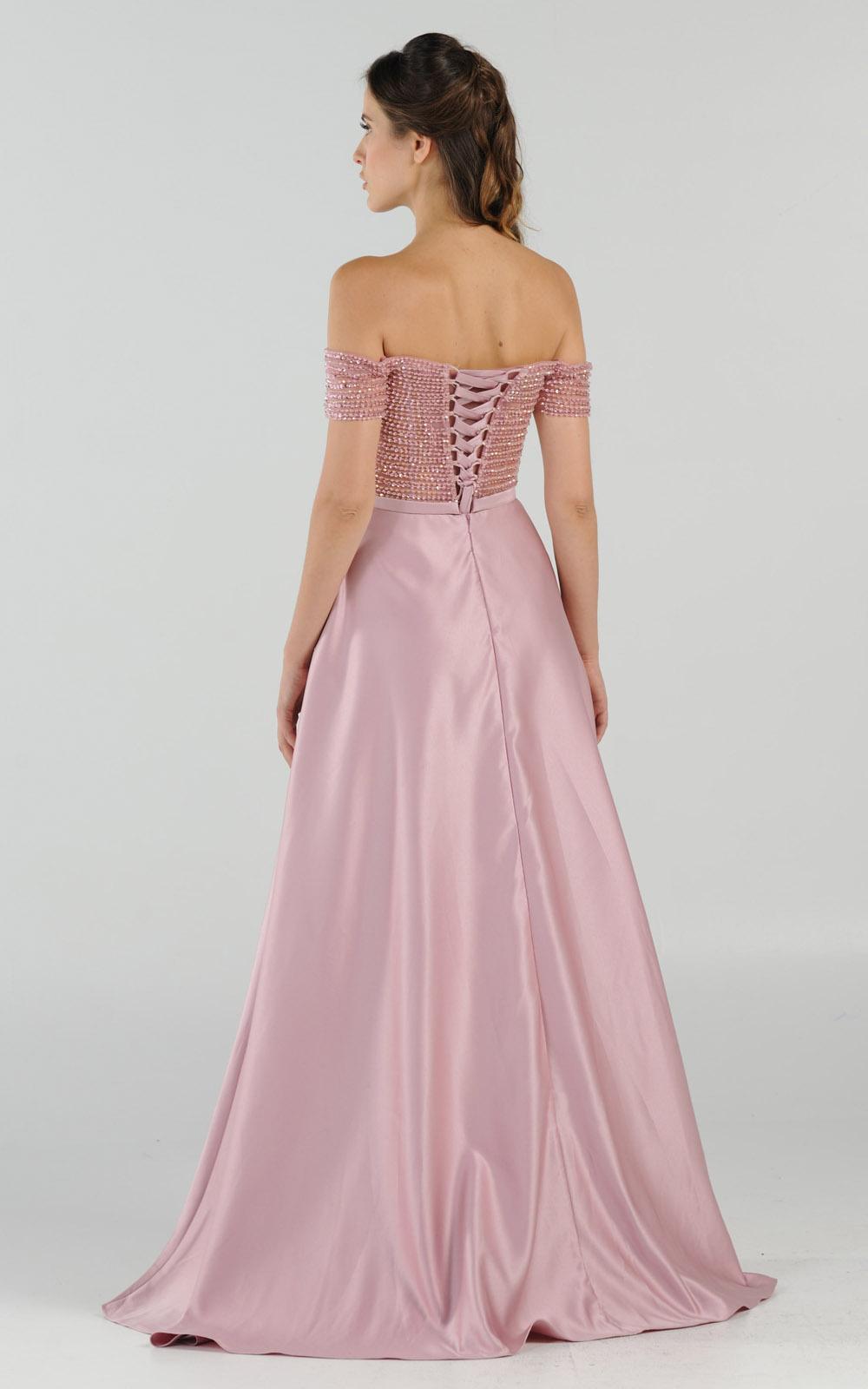 Mauve Off-the-Shoulder Floor-Length Satin Prom A-Line Gown with Beaded Bodice Poly USA 8132