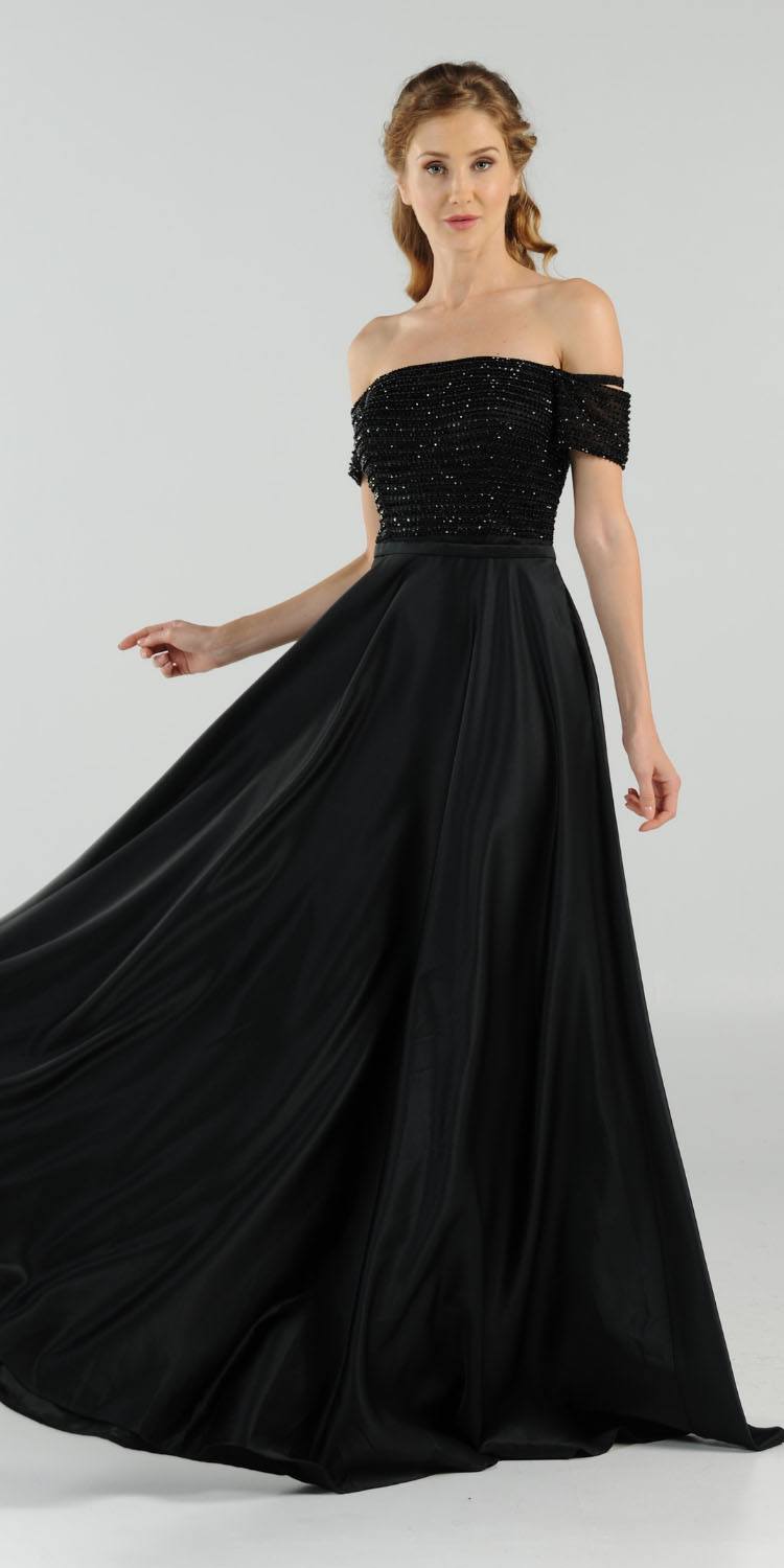 Black Off-the-Shoulder Floor-Length Satin Prom A-Line Gown with Beaded Bodice Poly USA 8132