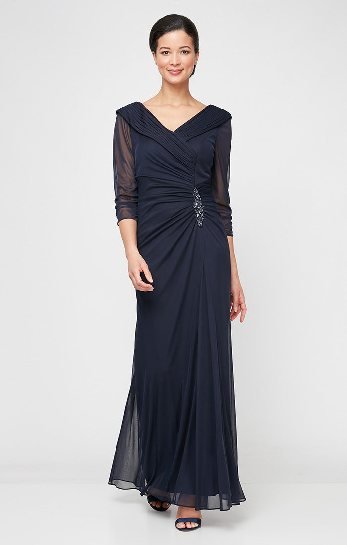 Navy V-Neck Floor-Length Chiffon Formal Dress with Beaded Accent Petite Alex Evenings 82321013