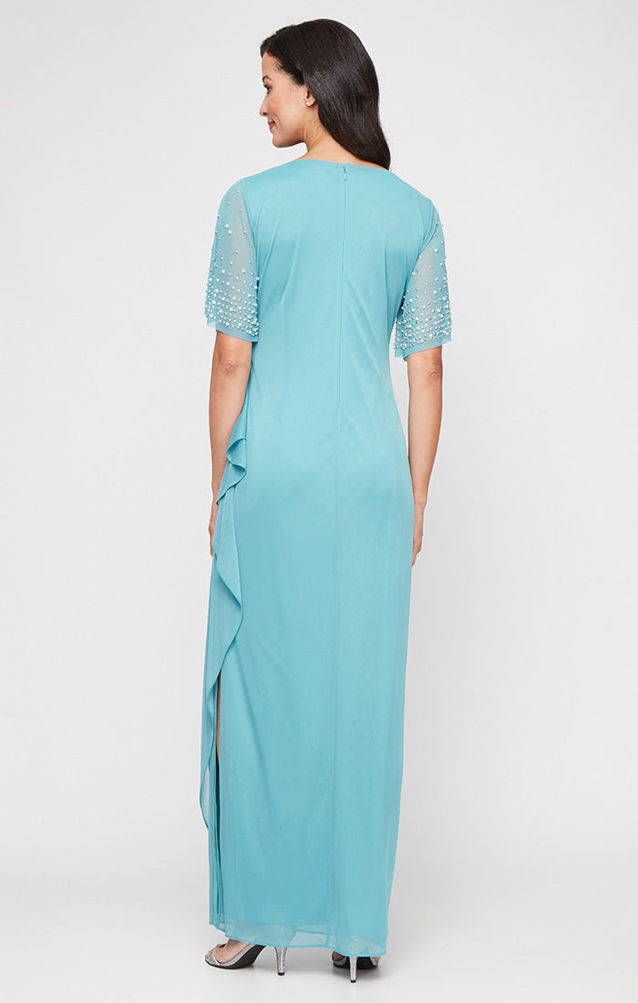 Teal V-Neck Floor-Length Chiffon Mother of the Bride Dress with Beaded Sleeves Alex Evenings 84321016