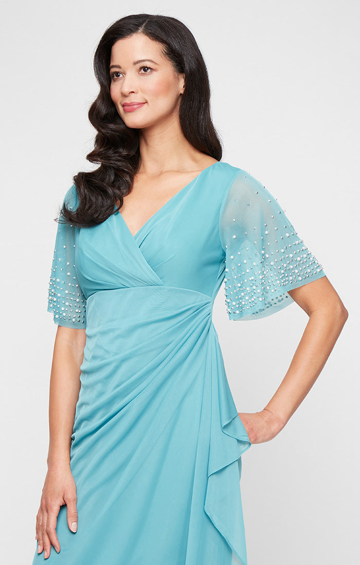 Teal V-Neck Floor-Length Chiffon Mother of the Bride Dress with Beaded Sleeves Alex Evenings 84321016