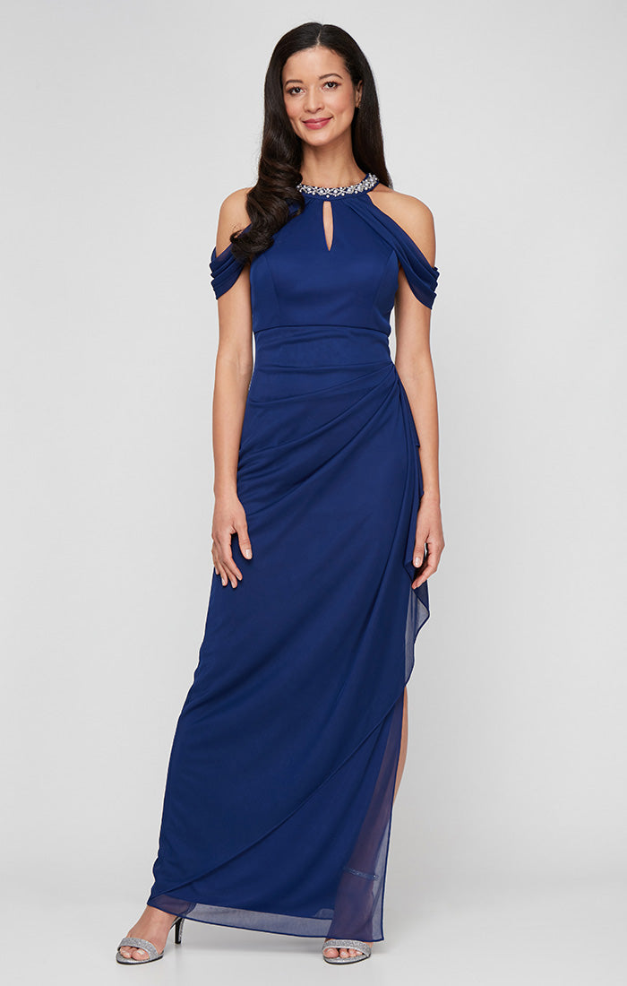Alex Evenings Women's Beaded Neck Cold Shoulder Mesh Sheath Gown - Blue - Gowns Alex Evenings Women's Beaded Neck Cold Shoulder Mesh Sheath Gown - Blue - Gowns