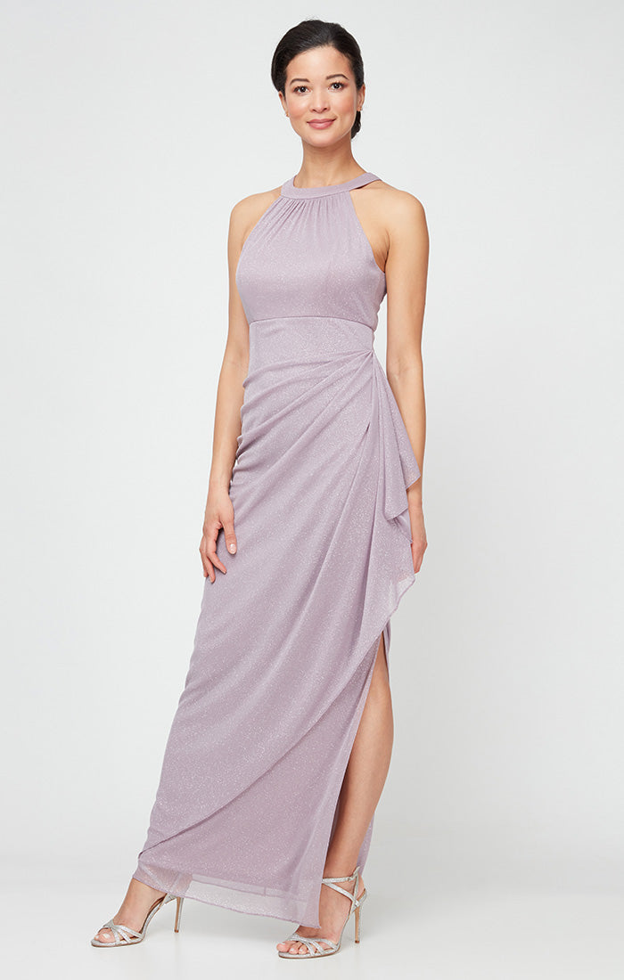 Mauve Halter Floor-Length Metallic Jersey Formal Dress with Draped Skirt and Side Slit Alex Evenings 8133106