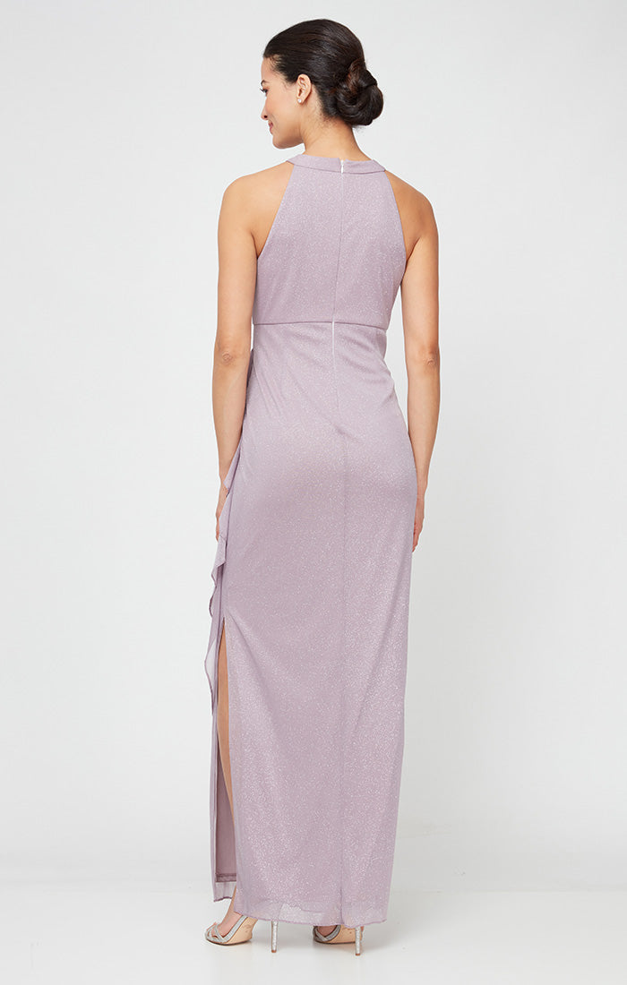 Mauve Halter Floor-Length Metallic Jersey Formal Dress with Draped Skirt and Side Slit Petite Alex Evenings 8233106