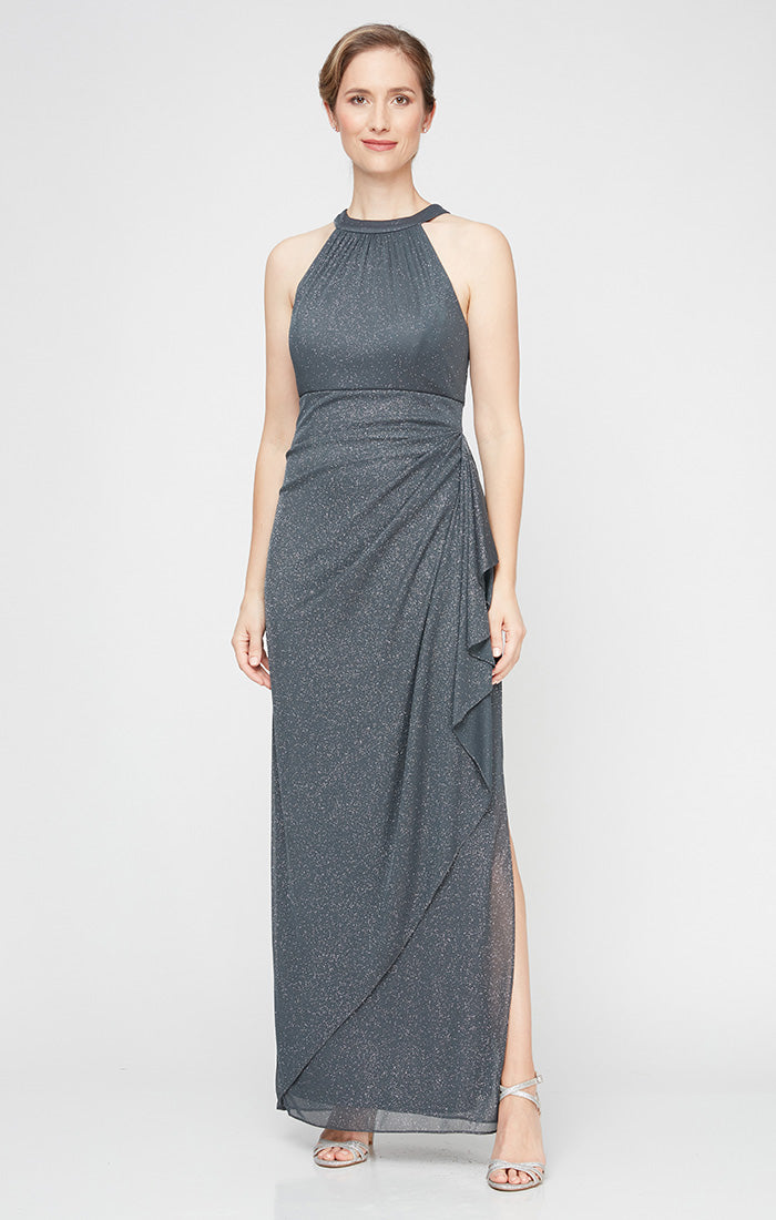 Mauve Halter Floor-Length Metallic Jersey Formal Dress with Draped Skirt and Side Slit Alex Evenings 8133106