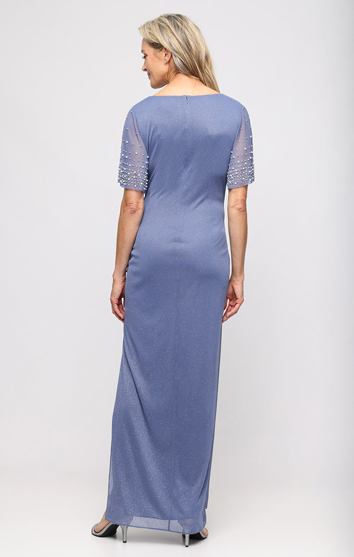 Dusty Blue V-Neck Floor-Length Metallic Chiffon Formal Dress with Draped Waist Plus Size Alex Evenings 8433119
