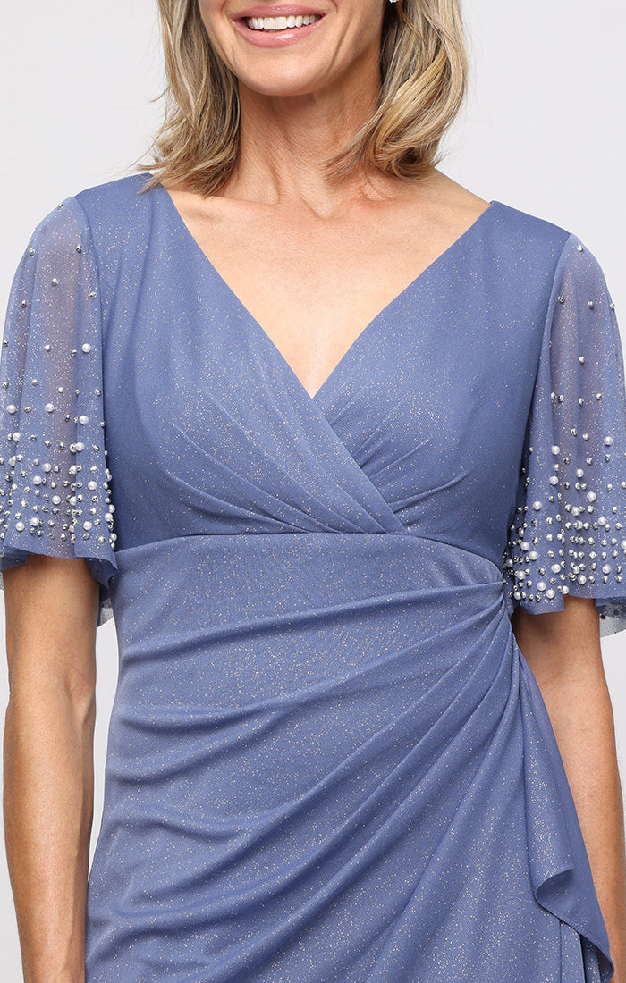 Dusty Blue V-Neck Floor-Length Metallic Chiffon Formal Dress with Draped Waist Plus Size Alex Evenings 8433119
