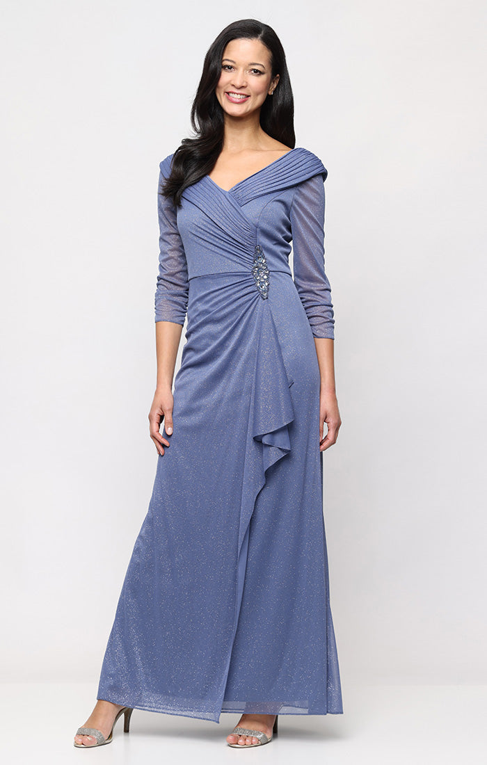 Dusty Blue V Neck Floor Length Glitter Mesh Formal Gown with Ruched Waist Plus Size Dress Alex Evenings 8433121