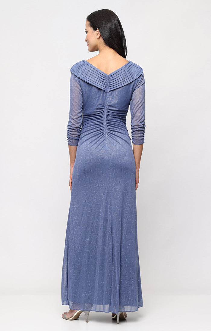 Dusty Blue V Neck Floor Length Glitter Mesh Formal Gown with Ruched Waist Plus Size Dress Alex Evenings 8433121
