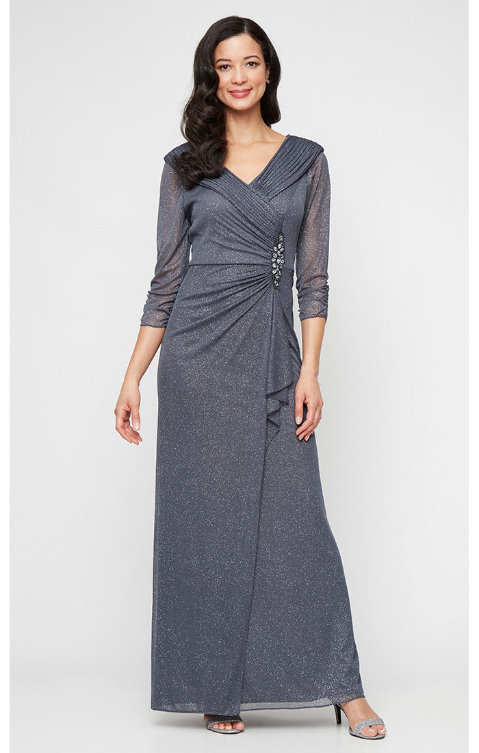 Smoke V Neck Floor Length Glitter Mesh Formal Gown with Ruched Waist Alex Evenings 8133121