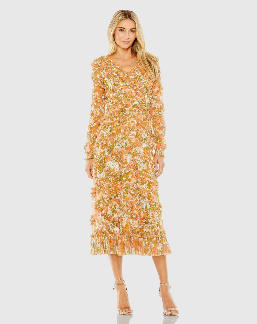 Mac Duggal 8134 Short Cocktail Floral Midi Length Ruffle Dress