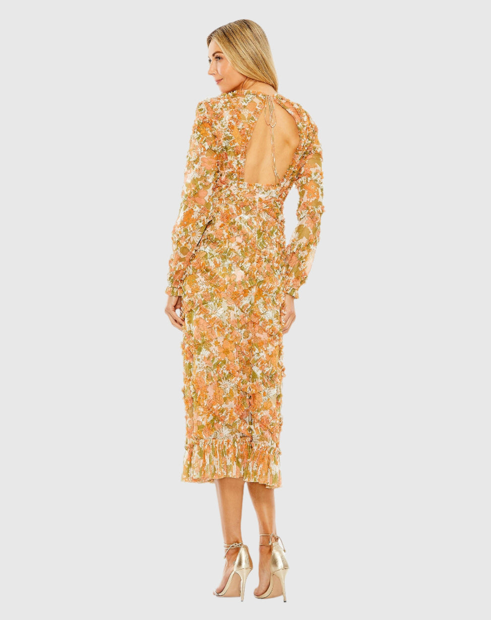 Cocktail Dresses Short Cocktail Floral Midi Length Ruffle Dress Orange Multi