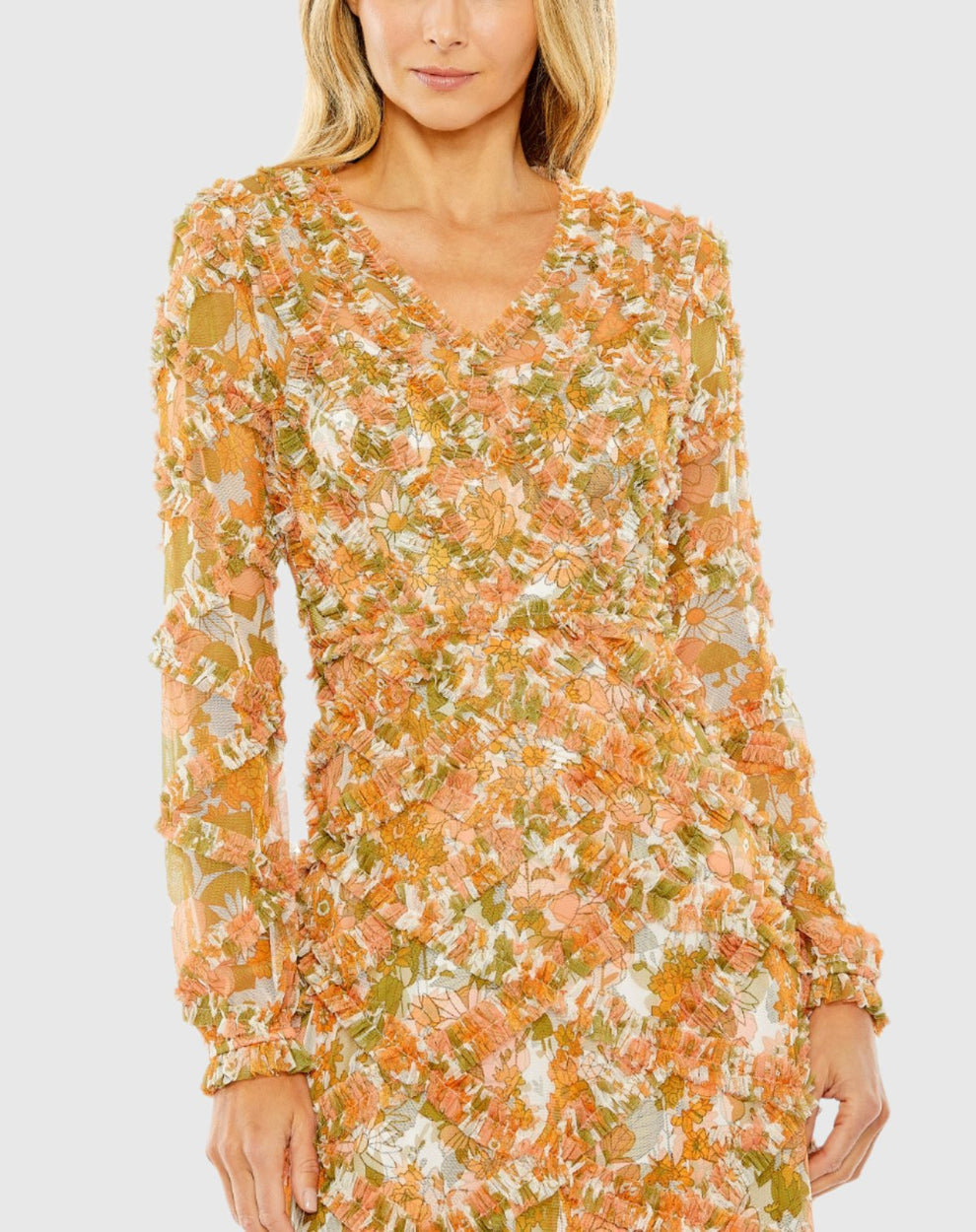 Mac Duggal 8134 Short Cocktail Floral Midi Length Ruffle Dress