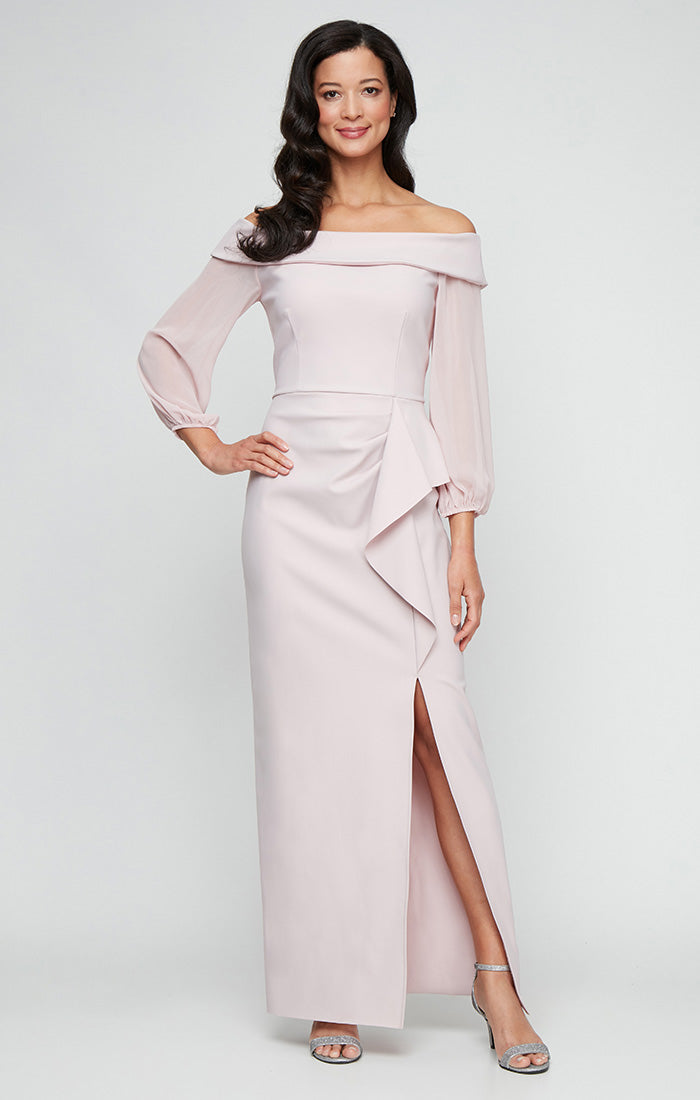 blush pink off shoulder ruffle evening dress with sleeves Elegant Pink Shimmering Off Shoulder Ruffle Sleeve Formal Evening Dress